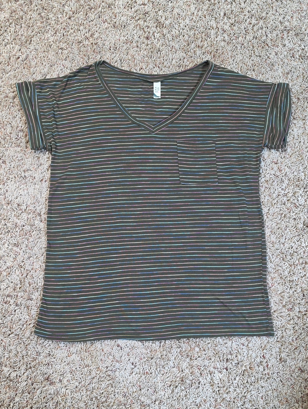 Women’s Olive Multi Striped V-Neck Pocket Tee
